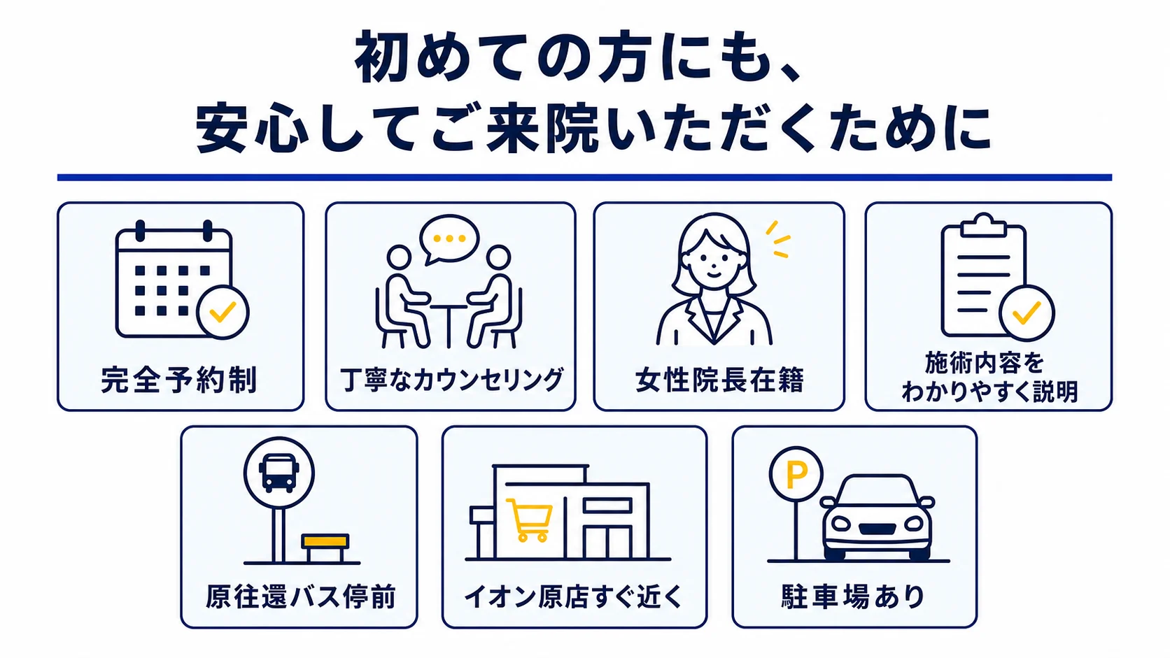 完全予約制、女性院長在籍、原往還バス停前、イオン原店すぐ近く、駐車場あり